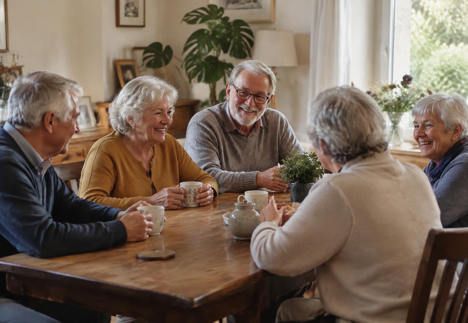 Ouderen samen aan een houten tafel met koffie
